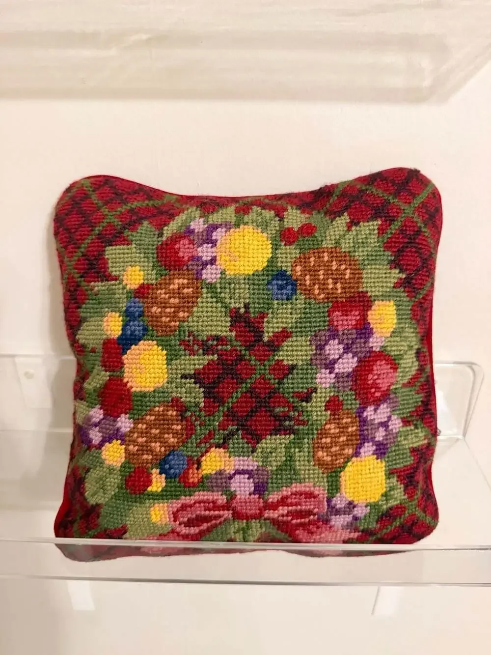 Vintage Wool Needlepoint  Wreath Floral Throw Pillow with Red Velvet Backing